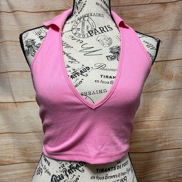 Halter Collared V neck Crop Knit‎ Ribbed Pink Top Size Small Shein - Picture 1 of 4